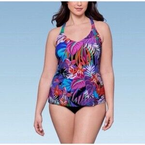 Aqua Green Women's Y-Back Tankini Top Swimsuit Size Large Tropic Like Its Hot